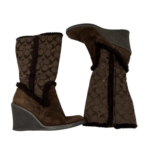 COACH Woman's Size 7M Brown C Monogram Calf High Wedge Boots Fall Going Out READ - Picture 1 of 12